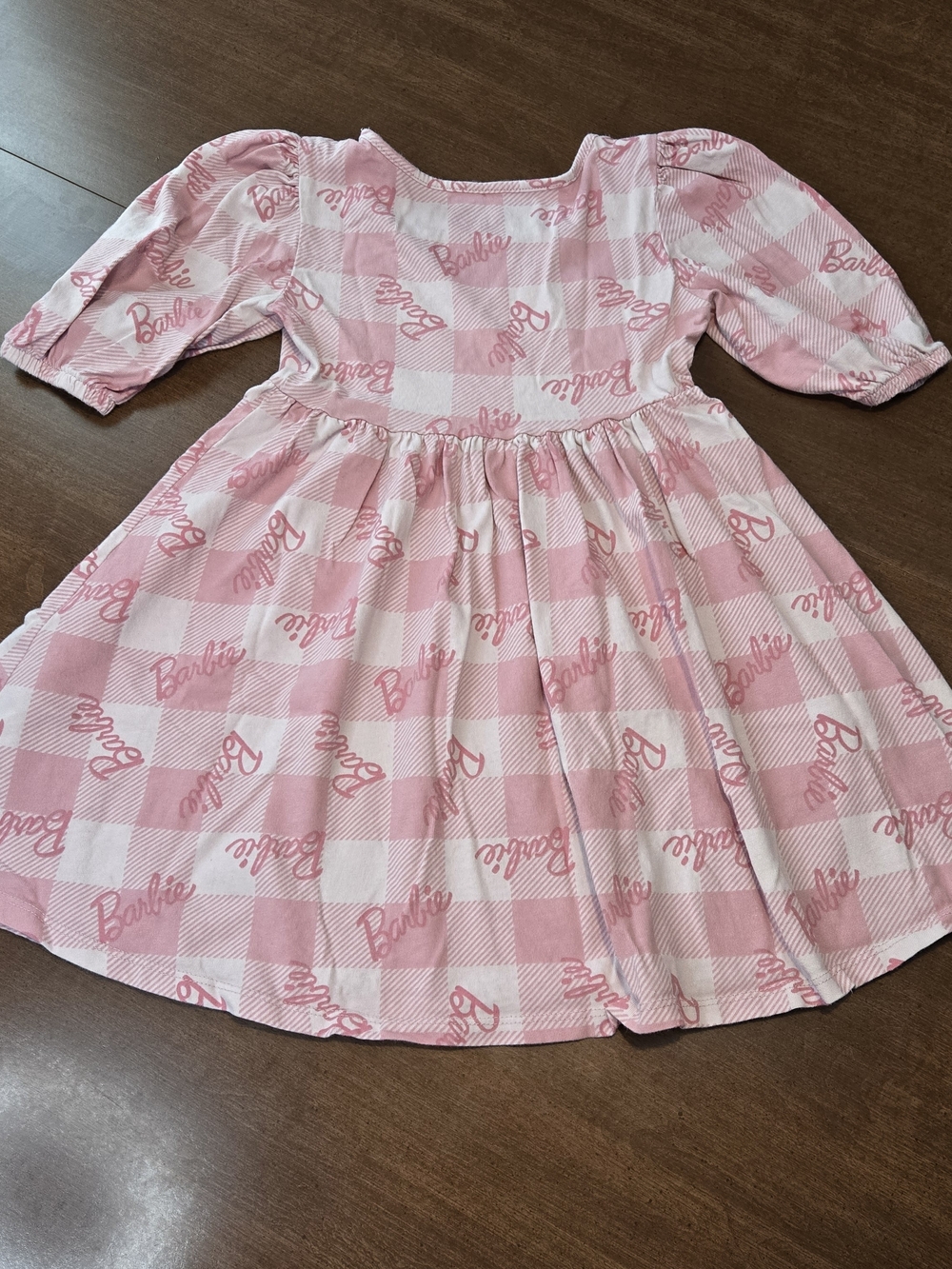 Barbie Girls Pink White Check Logo Graphic Puff Sleeve Fit & Flare Dress Medium - Picture 2 of 5